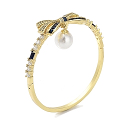 Темно-Фиолетовый Браслеты из латуни с покрытием из латуни и циркония, шарнирные браслеты для женщин с бантом, с круглым пластиковым искусственным жемчугом, реальный 18 k позолоченный, без кадмия и без свинца, долговечный, темно-фиолетовый, внутренний диаметр: 2-3/8 дюйм (6 см)