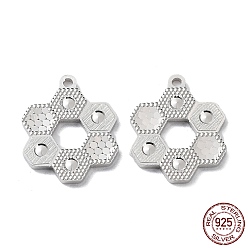 Real Platinum Plated Rhodium Plated 925 Sterling Silver Pendants, Hexagon Flower Charm, Textured, Real Platinum Plated, 16x13x1.2mm, Hole: 1.2mm