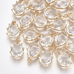 Transparent Glas-Anhänger, mit Messing-Zubehör, facettiert, Träne, golden, Transparent, 18x12x8 mm, Bohrung: 1.5 mm