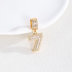 Number Европейские подвески из латуни с прозрачным кубическим цирконием, фигурные подвески с большими отверстиями, золотые, число 7, 19.5x14.5x4 мм, отверстие : 8x5 мм