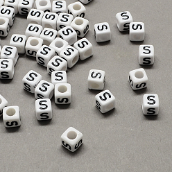 Letter S Large Hole Acrylic Letter European Beads, Horizontal Hole, White & Black, Cube with Letter.S, 7~8x7~8x7~8mm, Hole: 4mm, about 1144pcs/500g