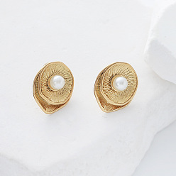 Золотой Овальные 304 из нержавеющей стали серьги стержня, с имитацией жемчуга, золотые, 21x18 мм