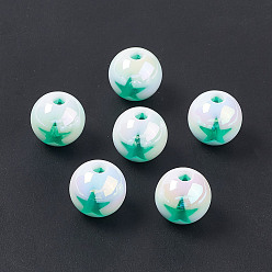 Светлый Морско-зеленый УФ-покрытие радужными переливающимися акриловыми бусинами, круглые с рисунком звезд, светло-зеленый, 15 мм, отверстие : 3.7 мм