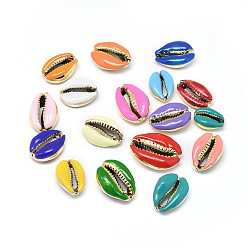 Mixed Color Electroplated Cowrie Shell Beads, with Enamel, Undrilled/No Hole Beads, Golden, Mixed Color, 19~25x14~18mm