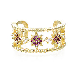 Средний Фиолетово-красный Открытое кольцо-манжета со звездой из кубического циркония, настоящие позолоченные украшения из латуни для женщин, без никеля , средне фиолетовый красный, размер США 18 (6 мм)