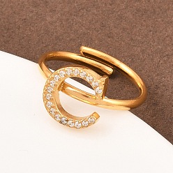 Letter C 304 Открытые кольца-манжеты из нержавеющей стали с микропаве из кубического циркония, буквы, ионное покрытие (ip), реальный 18 k позолоченный, буква С, 1.5 мм, внутренний диаметр: 15.6 мм