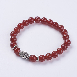 Красный Агат Природные сердолика бусы стрейч браслеты, Сплав с поиска, голова Будды, окрашенные, 2-1/8 дюйм (55 мм)