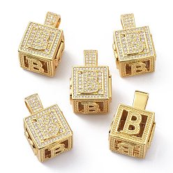 Letter B Кулоны из латуни с микропейвом и прозрачным фианитом, реальный 18 k позолоченный, куб с письмом, letter.b, 26x17x17 мм, отверстие : 5x8 мм