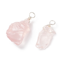 Розовый Кварц Кулоны из грубого сырого натурального розового кварца, с обернутой медной проволокой серебристого цвета, самородки очарование, 12~33x5~18x5~9 мм, отверстие : 3.5~4 мм