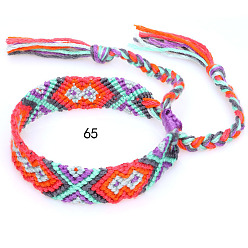 Red Cotton Braided Rhombus Pattern Cord Bracelet, Ethnic Tribal Adjustable Brazilian Bracelet for Women, Red, 5-7/8~14-1/8 inch(15~36cm)