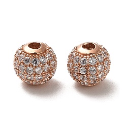 Clair 925 perles de zircone cubique micro-pavées en argent sterling, ronde, or rose, clair, 8x7.5mm, Trou: 2.2mm