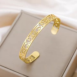 Golden 8MM Bohemian 304 Stainless Steel Hollow Flower Open Cuff Bangles for Women, Golden, Inner Diameter: 2.36 inch(6cm)