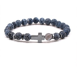 Effloresce Ágata Pulseras elásticas redondas de ágata natural envejecida (teñida y calentada) de 8 mm con cruz de hematita sintética no magnética, azul, 7.48 pulgada (19 cm)