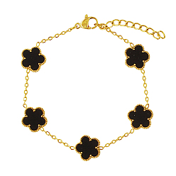 Black Acrylic Flower Link Chain Bracelet, Real 18K Gold Plated Stainless Steel Bracelet, Black, 6-3/4 inch(17cm)
