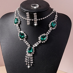 Изумруд Браслеты, серьги, ожерелья и кольца из сплава со стразами в форме капли для женщин, изумруд, Ожерелья: 350 mm