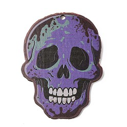 Skull Большие деревянные подвески с принтом в стиле Хэллоуина, череп, 89x65x2.5 мм, отверстие : 4 мм