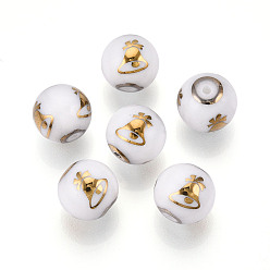 с Золотистым Покрытием Рождественские непрозрачные стеклянные бусины, круглый с гальваническим узором рождественский колокольчик, с золотым покрытием, 10 мм, отверстие : 1.2 мм