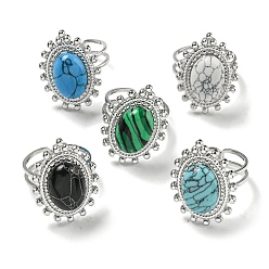 Нержавеющая Сталь Цвет 304 открытые манжеты из нержавеющей стали, Овальные кольца на палец из синтетического малахита и бирюзы для женщин и мужчин, цвет нержавеющей стали, регулируемый