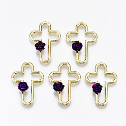 Light Gold Rack Plating Open Back Bezel, For DIY UV Resin, Epoxy Resin, Pressed Flower Jewelry, with Resin, Cadmium Free & Nickel Free & Lead Free, Cross with 3D Purple Flower, Light Gold, 28x19.5x5mm