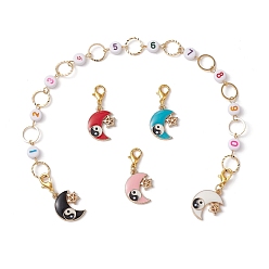Mixed Color 4Pcs Yin-Yang Moon Alloy Enamel Charm Number Acrylic Beaded Knitting Row Counter Chains & Locking Stitch Markers Kits, Mixed Color, 3.6~28.5cm