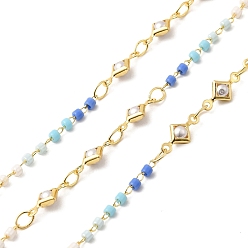 Настоящее золото 18K Латунные ромбозвенные цепи, со стеклянными бисеринами, пайки, с катушкой, реальный 18 k позолоченный, 10.5x5x3 мм