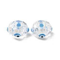 Deep Sky Blue Transparent Glass European Beads, Large Hole Beads, with Enamel, Faceted, Rondelle with Evil Eye Pattern, Deep Sky Blue, 14x8mm, Hole: 6mm