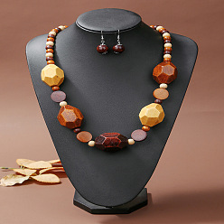 Разноцветный Комплекты ожерелий и серег с подвесками из деревянных многоугольников и круглых бусин для женщин, красочный, Ожерелье: 700 mm