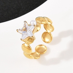 Золотой 304 из нержавеющей стали Манжета кольца для женщин, звезда, со стеклянным сверлом и пластиковой бусиной, золотые, 9x9.5 мм, размер США 7 (17.3 мм)