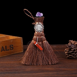 Солнце Мини-деревянный кулон с метлой ведьмы викки, украшения, автомобильные подвесные украшения, бусы с аметистом, солнце, 150x100 мм