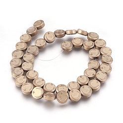 (252) Цвет внутри: морской / фиолетовый на подкладке Гальванизировать немагнитных синтетический гематит нитей бисера, матовые, Плоский круглый с луной и звездой, античная бронза покрытие, 9.5~10x4 мм, отверстие : 1 мм, около 40~41 шт / нитка, 15.3 дюйм ~ 15.7 дюйм (39~40 см)