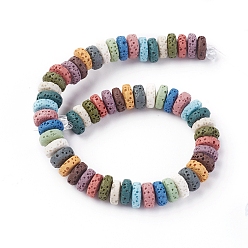 Mixed Color Natural Lava Rock Beads Strands, Dyed, Flat Round/Disc, Mixed Color, 8~8.5x3~4mm, Hole: 2mm, about 62 pcs/Strand, 7.87 inch(20 cm)