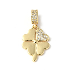 Настоящее золото 18K Латунное микропейв с кубическим цирконием европейские подвески с подвесками, без кадмия и без свинца, Четыре листа клевера, реальный 18 k позолоченный, 30 мм, отверстие : 4.5 мм