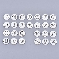 Letter Natural Freshwater Shell Links Connectors, Flat Round with Letter, Random Mixed Letters, 14.5x1.5mm, Hole: 0.9mm