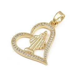 Сердце Латунные микро проложить кубического циркония подвески, религиозная тема, Дева Мария, без кадмия и без свинца, реальный 18 k позолоченный, сердце, 25x22.5x2.5 мм, отверстие : 4.5x2.5 мм