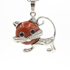 Red Jasper Natural Red Jasper Pendants, with Platinum Plated Brass Findings, Cat Shape Charms, 35x29x10mm