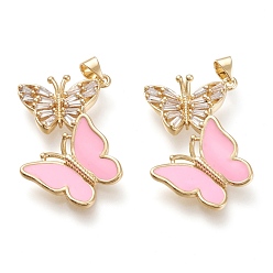 Бледно-Розовый Латунные микро проложить кубического циркония подвески, с эмалью, реальный 18 k позолоченный, двойная бабочка, розовый жемчуг, 29x30x3 мм, отверстие : 3.5x5 мм