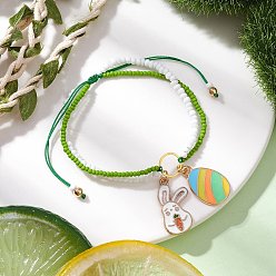 Лайм Пасхальные стеклянные бусины плетеные браслеты из бисера, браслеты с подвесками в виде кролика и яйца из сплава и эмали для женщин, с нейлоновой нитью, желто-зеленые, внутренний диаметр: 2~3-3/8 дюйм (5~8.5 см)