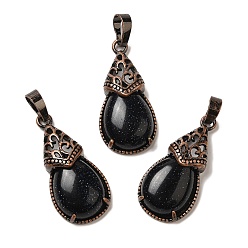 Синий Драгоценный Камень Синтетический синий авантюрин подвески, латунные подвески-капли, Красная медь, без свинца и без кадмия, 31x15x8 мм, отверстие : 5x7.5 мм