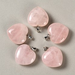 Rose Quartz Natural Rose Quartz Pendants, Heart Charms, with 304 Stainless Steel Snap on Bails, Stainless Steel Color, 32~33x30x14~15mm, Hole: 7.5x4mm