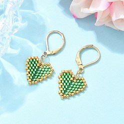 Зеленый лайм 304 женские серьги с рычагом из нержавеющей стали, с подвесками в форме сердца из плетеного стекла, золотые, зеленый лайм, 34x15 мм