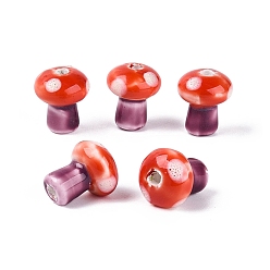 Cerise Porcelain Beads, Hand Painted Ceramic Beads, Mushroom, Cerise, 11.5~12.5x10~10.5mm, Hole: 1.6~2mm