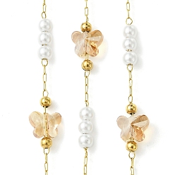 Мокасин 10М-ионное покрытие (IP) 304 Цепи из нержавеющей стали и АБС-пластика с жемчужными бусинами и стеклянными звеньями-бабочками, пайки, с катушкой, реальный 18 k позолоченный, мокасин, Бабочка: 6.5x7.5x5 mm, бусина : 4x3.5 mm, около 32.81 футов (10 м) / рулон