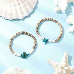 Зеленый Браслеты из кокосовых бусин с морскими черепахами и морскими звездами, с латунными разделительными бусинами и окрашенными синтетическими бирюзовыми бусинами, зелёные, внутренний диаметр: 2-1/8 дюйм (5.5 см), 2 шт / комплект