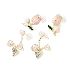 Golden 2 Pairs Alloy Enamel & Rhinestone & Plastic Pearls Stud Earrings for Women, Tulip, with
925 Sterling Silver Pins, Golden, 21~25.5x13.5~20.5mm