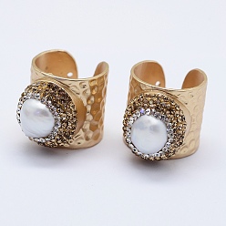 Золотой Кольца из натуральной жемчужной манжеты, открытые кольца, с полимерным глиняным чешским горным хрусталем и латунными находками, без свинца, без кадмии и без никеля, полукруглый, золотые, 17 мм