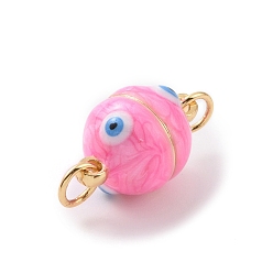 Hot Pink Brass Magnetic Clasps, with Enamel, Round with Evil Eye, Real 18K Gold Plated, Hot Pink, 16x10mm, Hole: 3mm