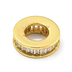 Настоящее золото 18K Реечное покрытие латунь микро паве прозрачный кубический цирконий европейские бусины, бусины с большим отверстием, долговечный, без свинца и без кадмия, плоско-круглые, реальный 18 k позолоченный, 9x2.8 мм, отверстие : 4.8 мм