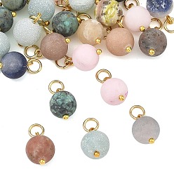 Mixed Color Natural Mixed Gemstone Pendants, Frosted Round Charms with 304 Stainless Steel Jump Rings, Golden, Mixed Color, 12.5x8~8.5mm, Hole: 3mm