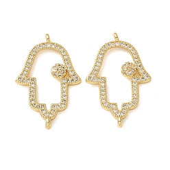 Real 18K Gold Plated Brass Micro Pave Clear Cubic Zirconia Connector Charms, Filigree Hamsa Hand Links, Rack Plating, Long-Lasting Plated, Cadmium Free & Lead Free, Real 18K Gold Plated, 26x17x3.5mm, Hole: 0.9mm