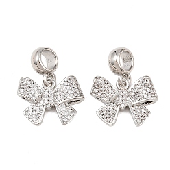 Платина Латунное микропейв с кубическим цирконием европейские подвески с подвесками, Подвески с большими отверстиями, бантом, прозрачные, платина, 23 мм, бант : 13.5x17x3.5 мм, отверстие : 5 мм